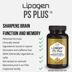 Lipogen PS Plus softgels closeup highlights easy swallowing and focus-friendly formula.