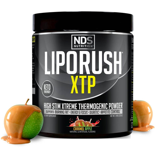 Liporush XTP bottle front showing caramel apple flavor for energy and focus