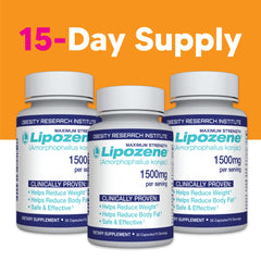 Lipozene bottle label closeup shows usage details and key benefits