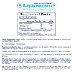 Lipozene capsules show 1,500mg glucomannan per serving for daily appetite support.