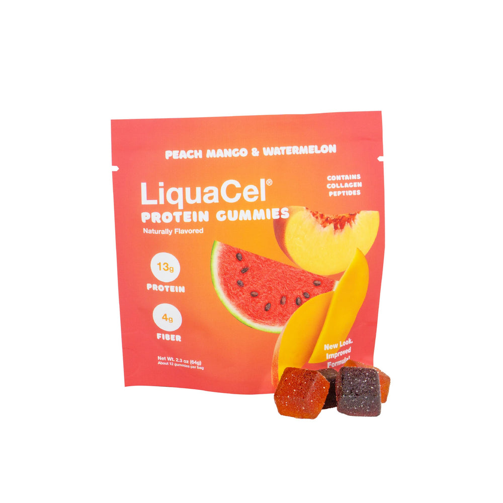 LiquaCel protein gummies front of bag showing ready-to-eat nutrition