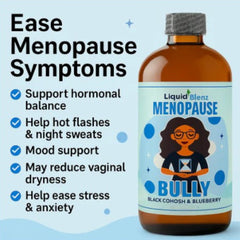 LIQUID BLENZ Menopause Bully bottle with glass illustrating serving size