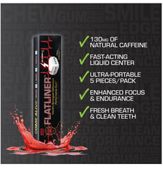 FLATLINER Ice Cherry gum shot closeup highlighting potent energy boost.