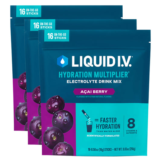 Liquid I.V. Hydration Multiplier Acai Berry packet dissolving in water for hydration