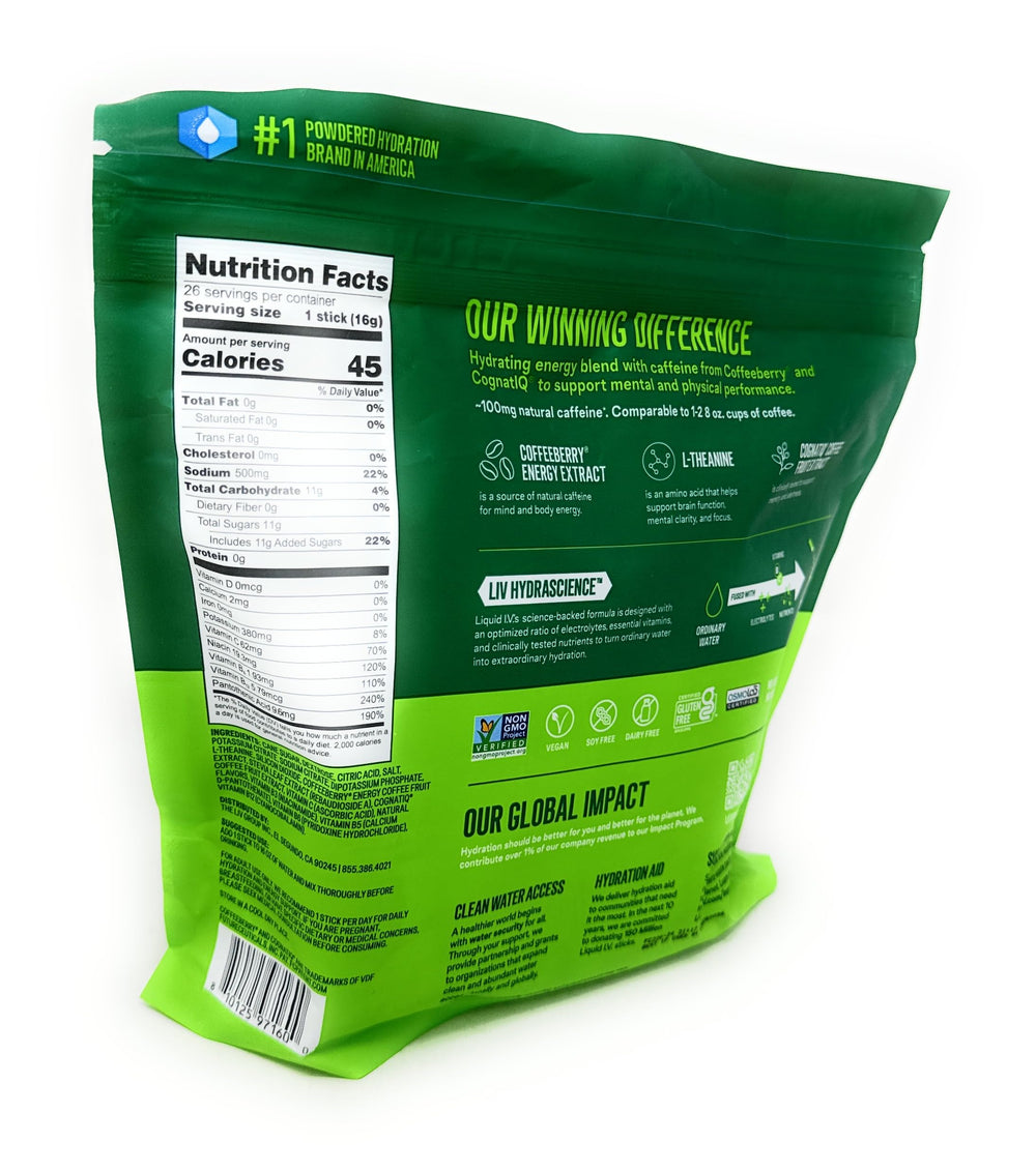 Liquid I.V. Hydration Multiplier energy drink mix in a glass with water.
