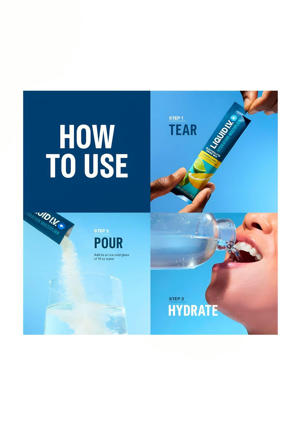 Liquid I.V. Hydration Multiplier glass pouring powder into water for quick mixing.