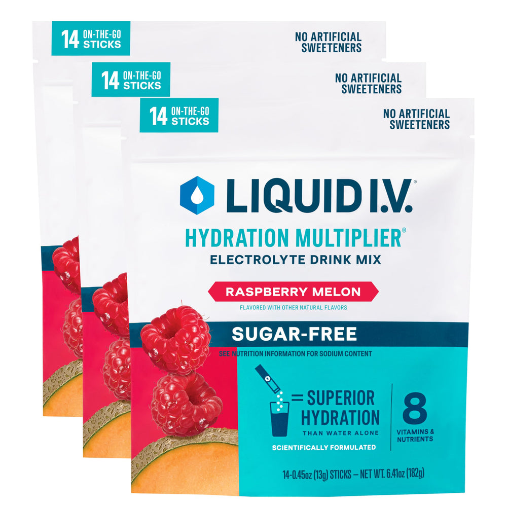 Liquid I.V Raspberry Melon sugar-free packets for quick on-the-go hydration