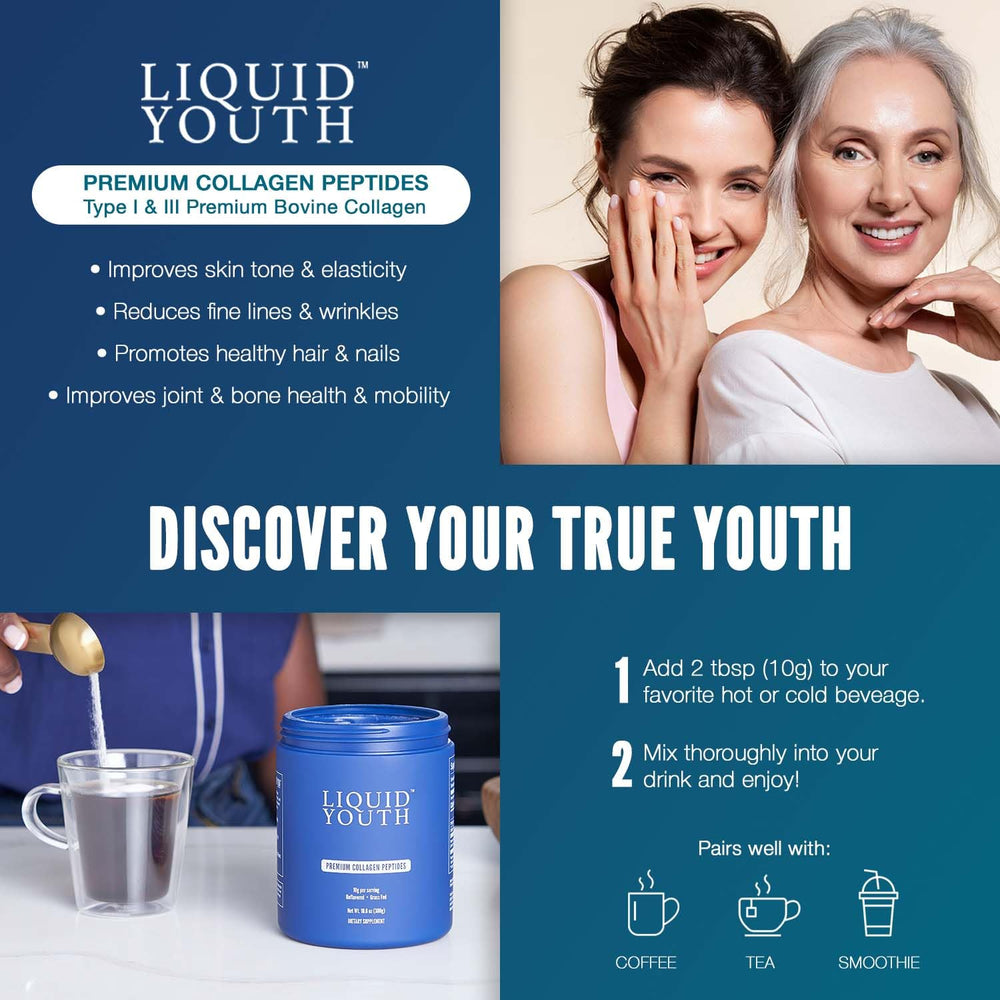 LIQUID YOUTH collagen powder blended into smoothie, boosts texture and nutrition