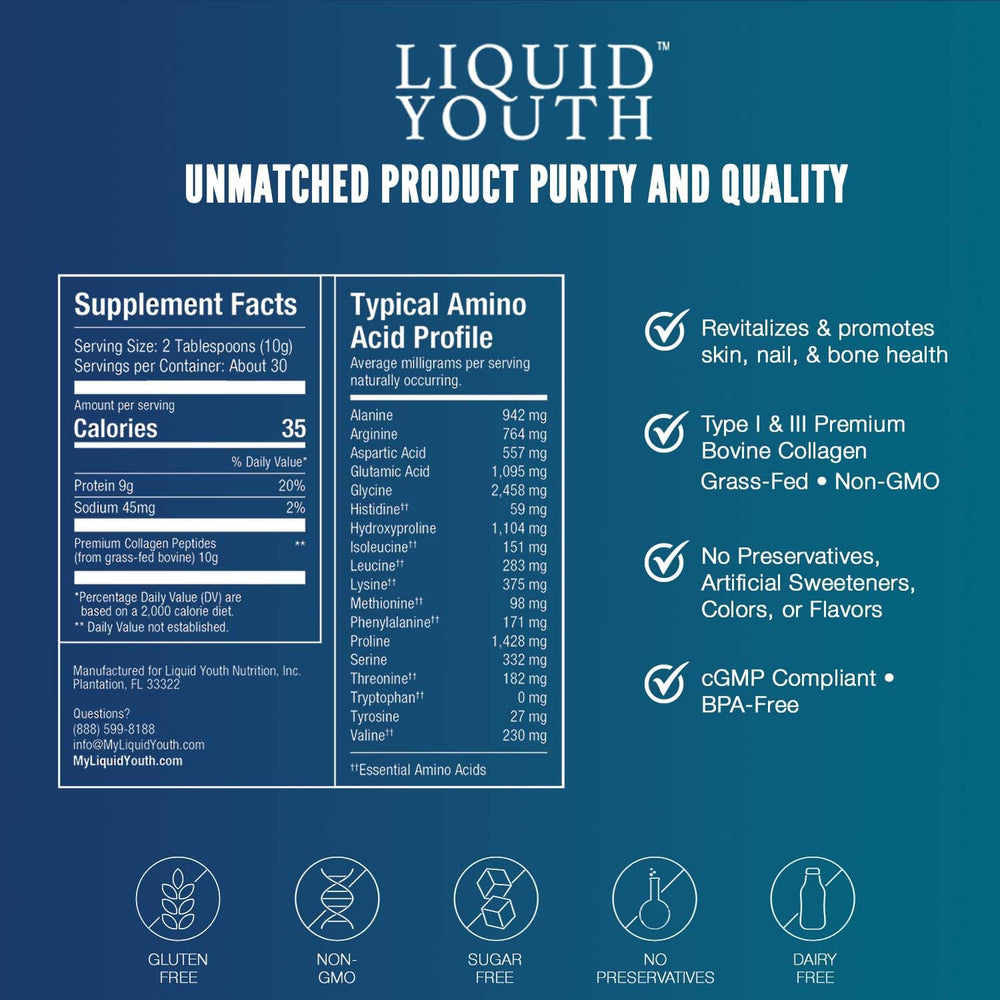 LIQUID YOUTH collagen powder supports hair, skin, and nails during daily use