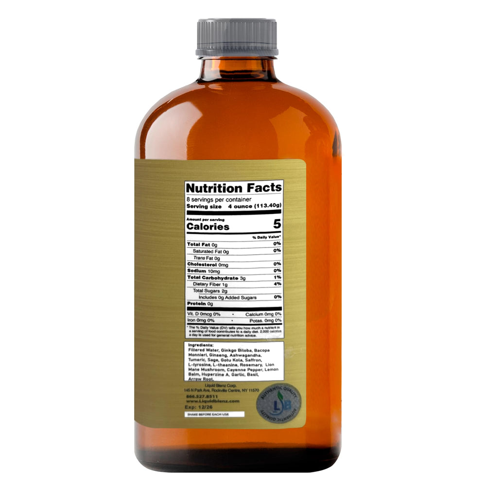 LiquidBlenz Good Brain Tonic ingredients close-up featuring Ginkgo and Lion’s Mane