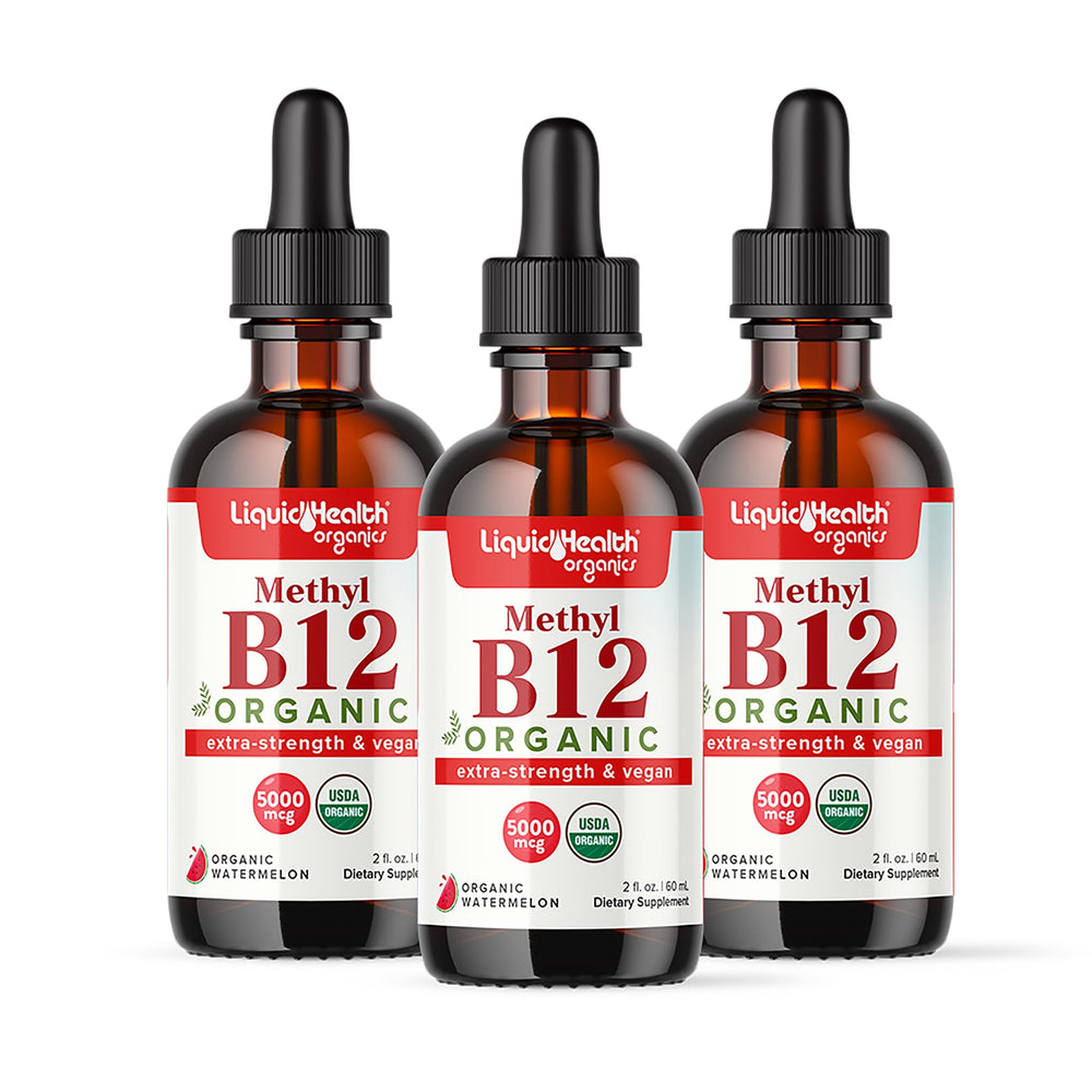 LIQUIDHEALTH Methyl B12 drops bottle highlighting organic formula for energy support