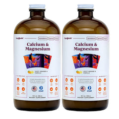 LIQUIDHEALTH Calcium & Magnesium bottle pour shows easy daily dosage for bone and joint support.