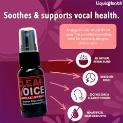 LIQUIDHEALTH Clear Voice close-up showing herbal formula for vocal moisture