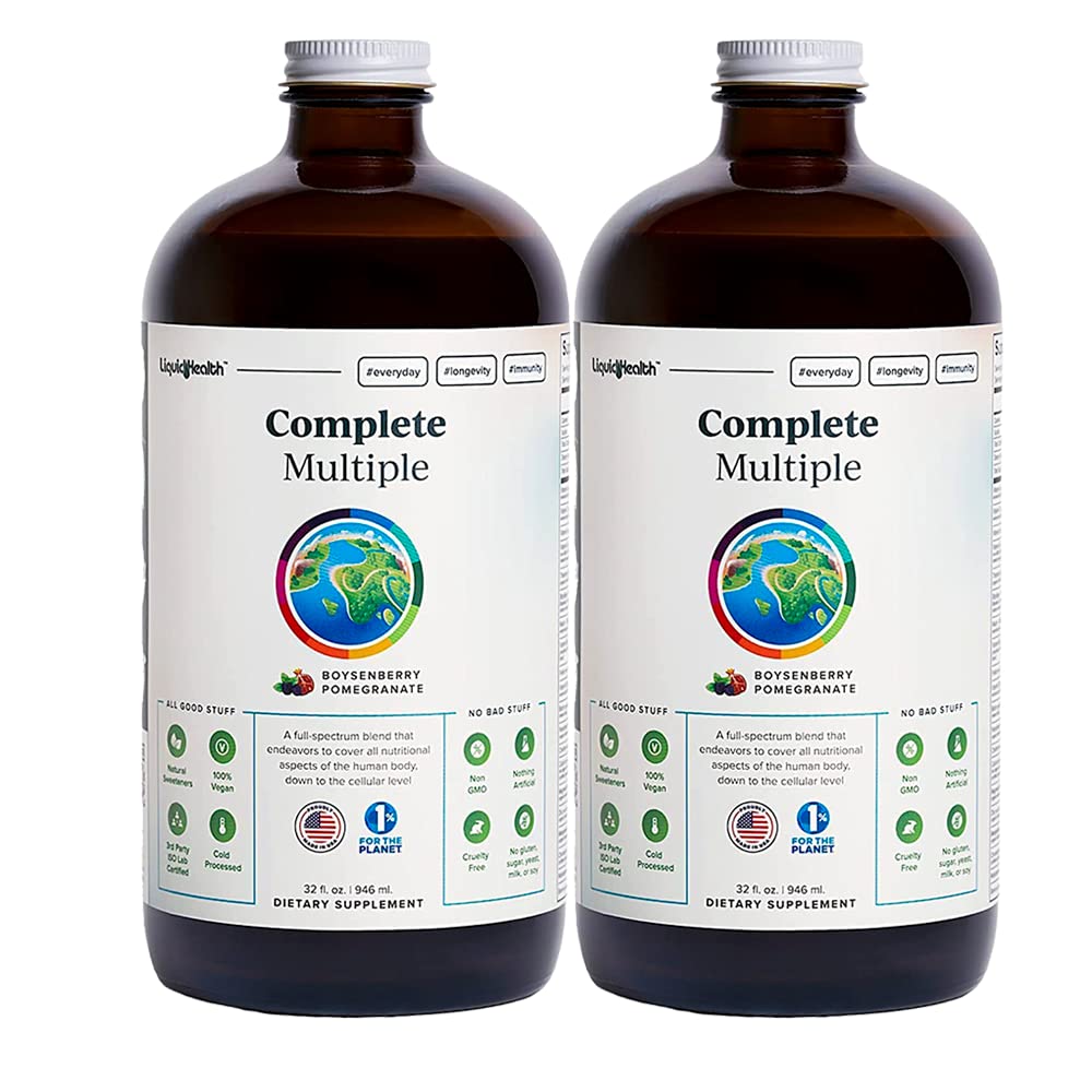 LIQUIDHEALTH Complete Multiple bottle pour hints at energy and immune support