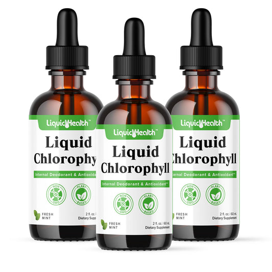 LIQUIDHEALTH Liquid Chlorophyll Drops bottle pour, highlighting internal deodorizer potential.
