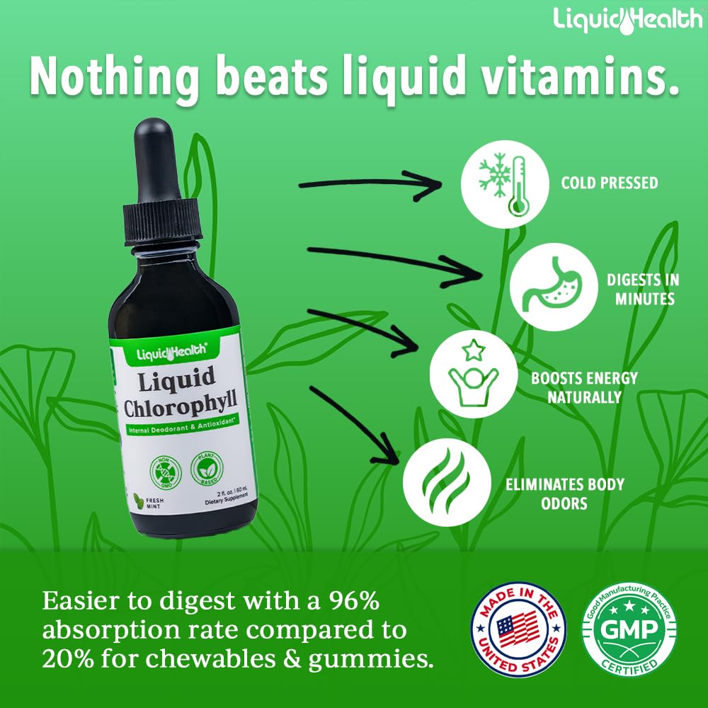 LIQUIDHEALTH Liquid Chlorophyll Drops label showcases plant-based, allergen-free ingredients.