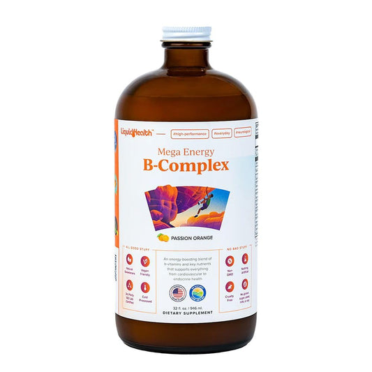 LIQUIDHEALTH Mega B Complex bottle front promoting daily energy support.