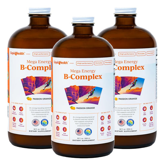 LIQUIDHEALTH Mega Energy B-Complex bottle showing energy-boosting formula