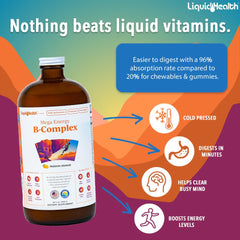 Pouring LIQUIDHEALTH Mega Energy B-Complex highlights quick absorption and hydration-friendly liquid