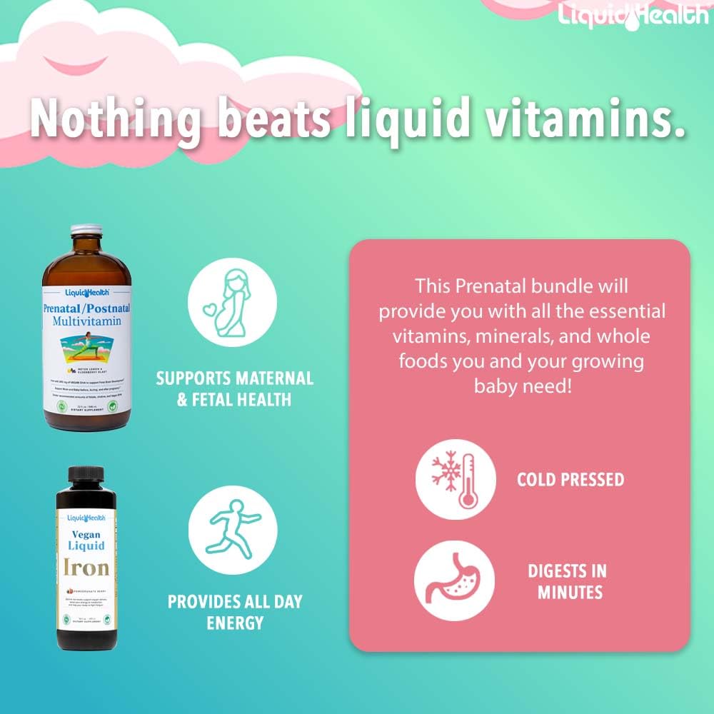 LIQUIDHEALTH prenatal multivitamin bottle demonstrates easy daily dosing for expectant moms