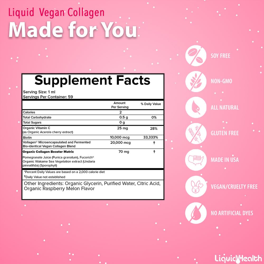 LIQUIDHEALTH vegan collagen bottle shows nutrition facts aiding informed use.