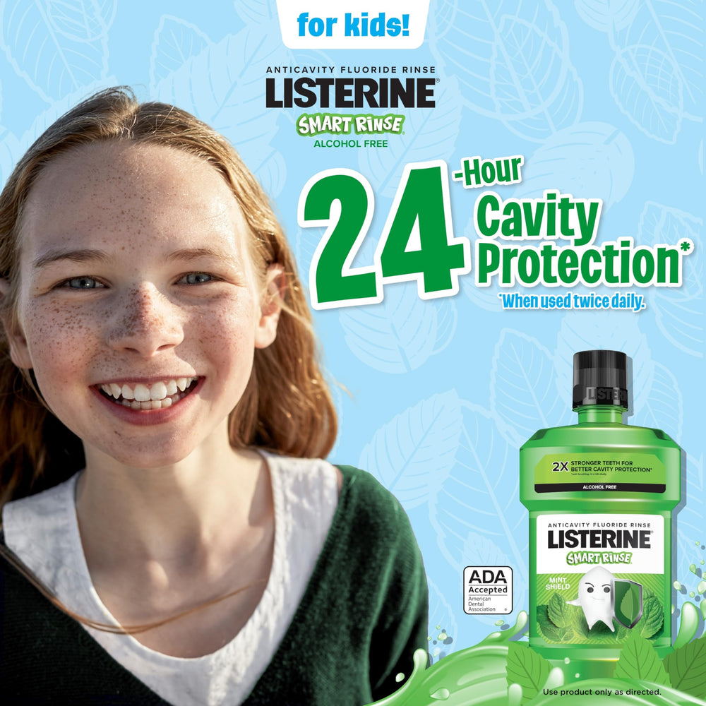 Listerine Smart Rinse Kids label displays ADA-accepted seal for trusted care.