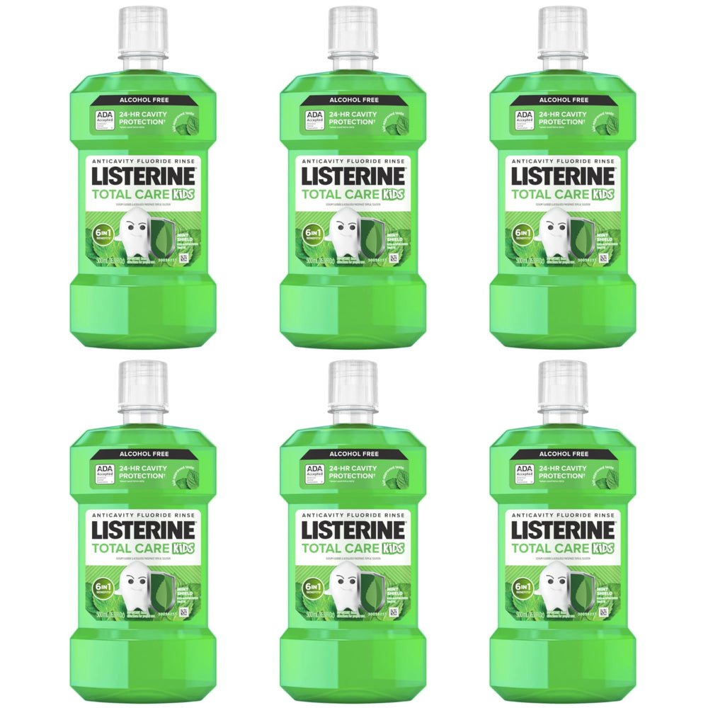 Listerine Smart Rinse Kids bottle shows Mint Shield flavor for cavity protection.