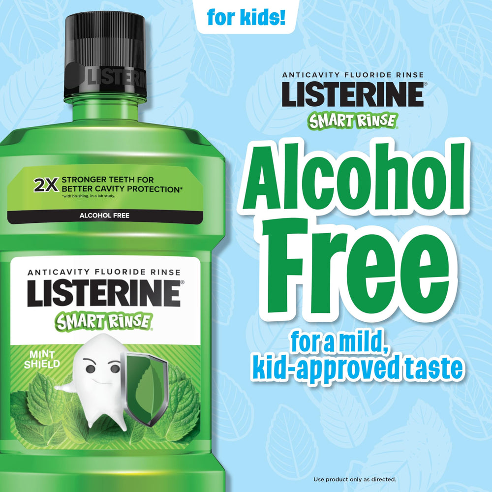 Listerine Smart Rinse Kids measuring spoon shows two-teaspoon dosing.