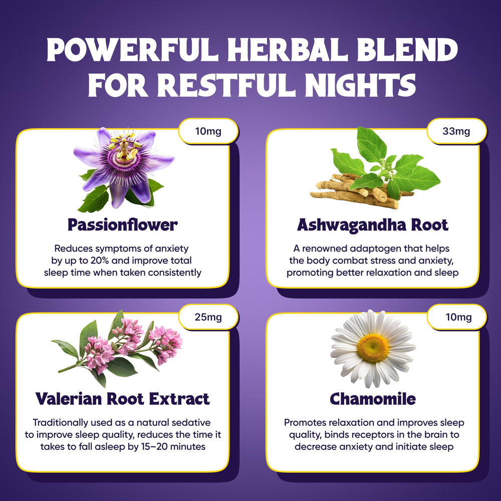 Ingredients spotlight on magnesium and herbal blend for relaxation.