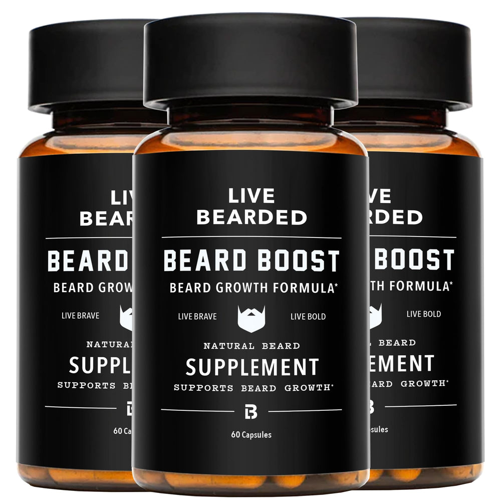 Live Bearded Beard Boost bottle front view for facial hair growth support.