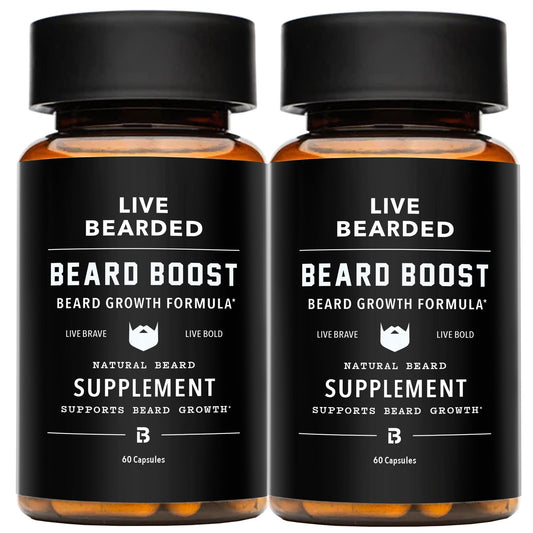 Live Bearded Beard Boost bottle pour promotes easy daily intake for facial hair support