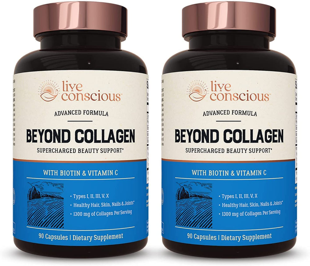 Live Conscious Beyond Collagen bottle front showing skin, hair, and nails support.
