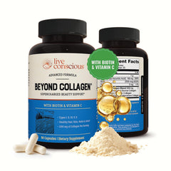 Live Conscious Beyond Collagen bottle with 90 capsules for daily skin, hair, and nails support