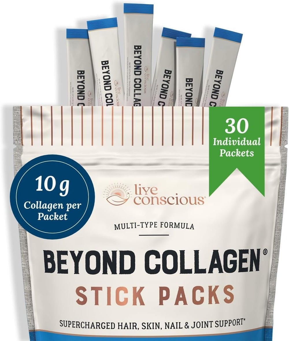 Live Conscious Beyond Collagen ingredients with vitamin C and biotin illustration.