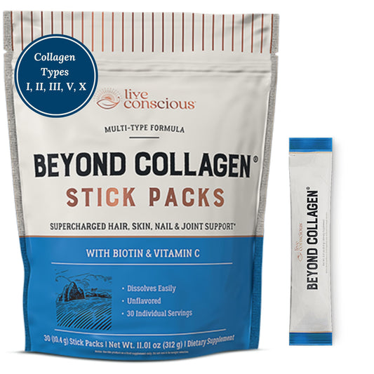 Live Conscious Beyond Collagen packets ready to pour for quick beauty benefits.