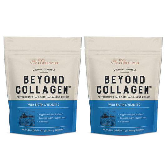 Live Conscious Beyond Collagen powder tub shown on a kitchen counter for daily beauty support.