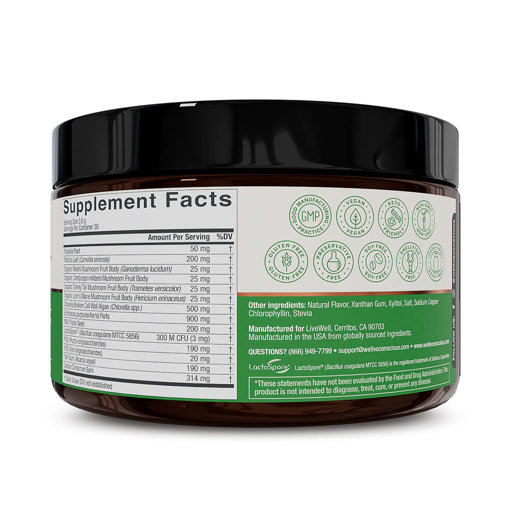 Live Conscious Beyond Greens Matcha ingredients pack showcasing probiotics and mushrooms.
