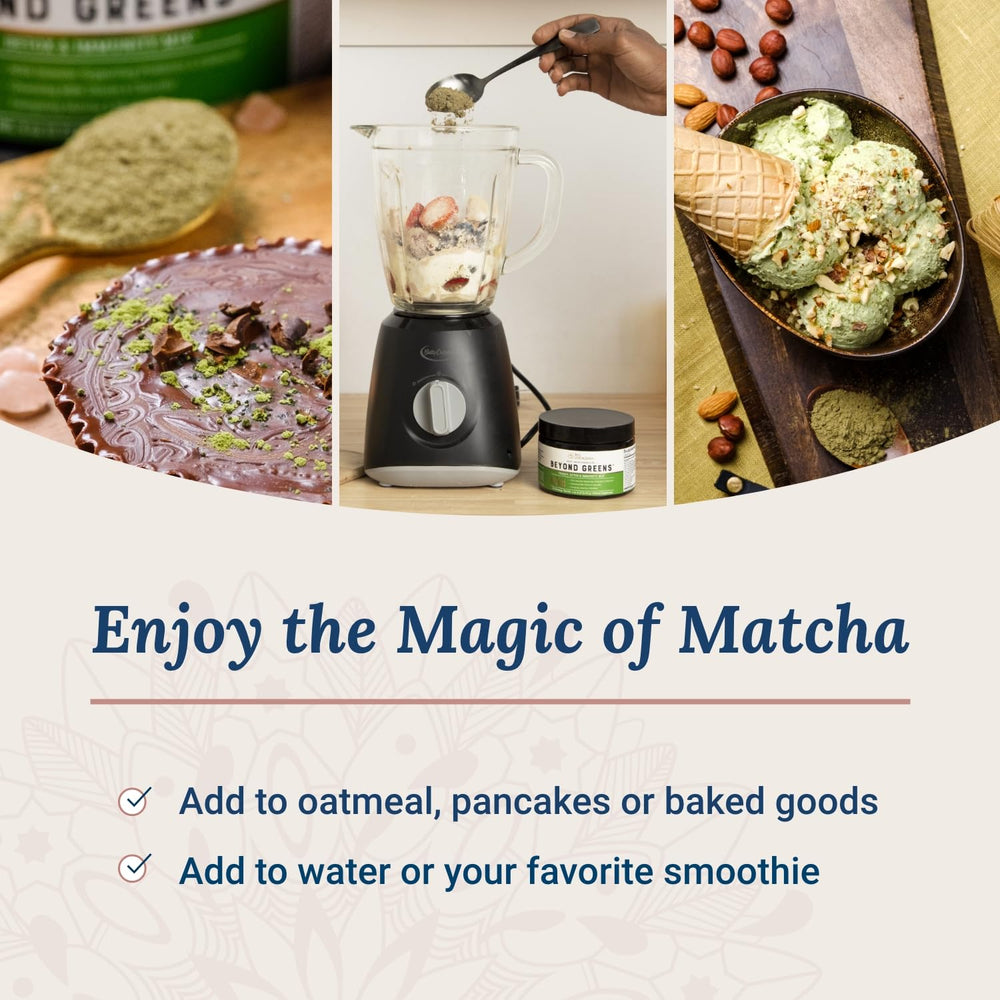 Live Conscious Beyond Greens Matcha pour shows a smooth, energizing drink ready to enjoy.