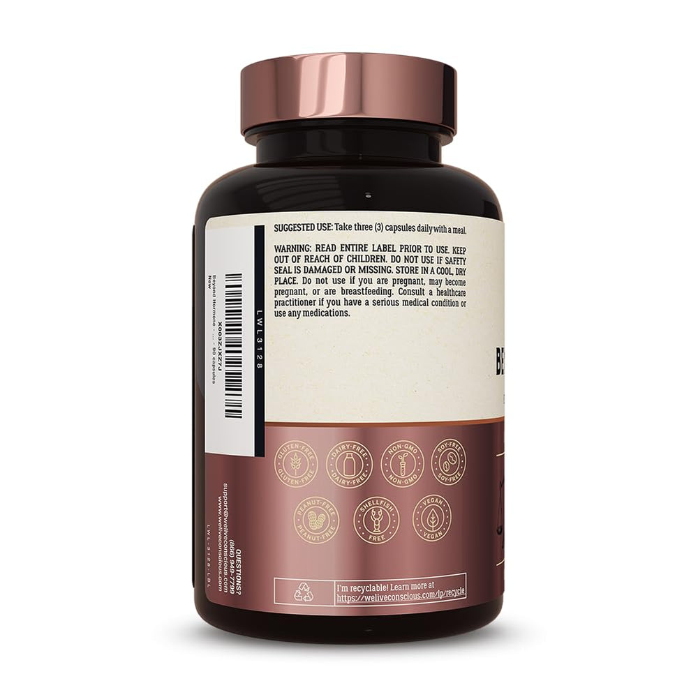 Live Conscious Beyond Hormone vegan-label bottle suitable for gluten- and dairy-free lifestyles