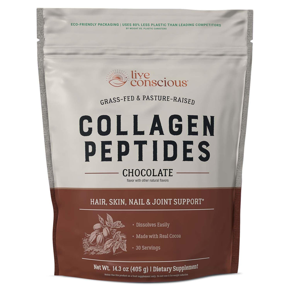 Live Conscious Collagen Peptides Chocolate serving with mix demonstrates versatile use.