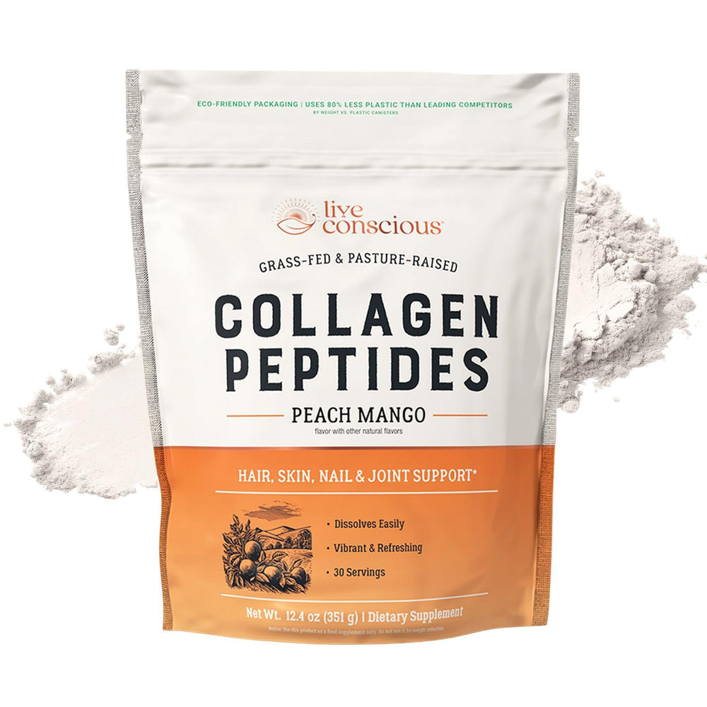 Live Conscious Collagen Peptides Peach Mango bottle for daily use supporting skin, hair, and nails.