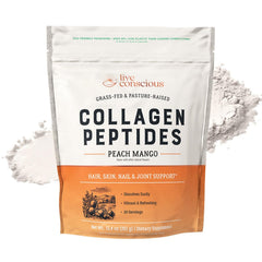 Live Conscious Collagen Peptides Peach Mango bottle for daily use supporting skin, hair, and nails.