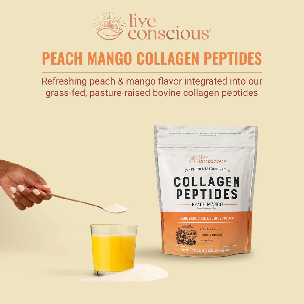 Live Conscious Collagen Peptides Peach Mango dissolve in a glass delivering rapid mixability.