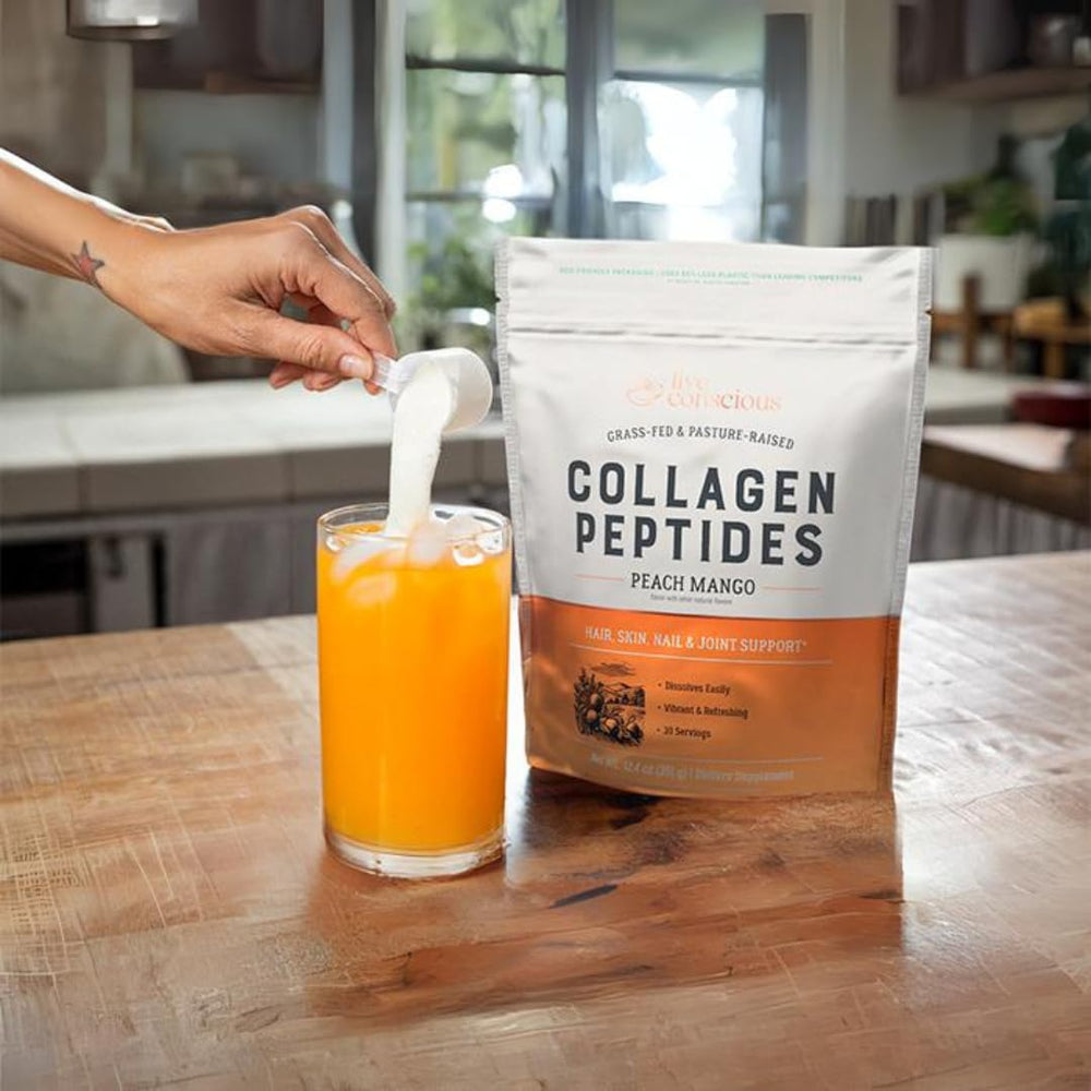Live Conscious Collagen Peptides peach mango powder dissolving in water for daily skin support.