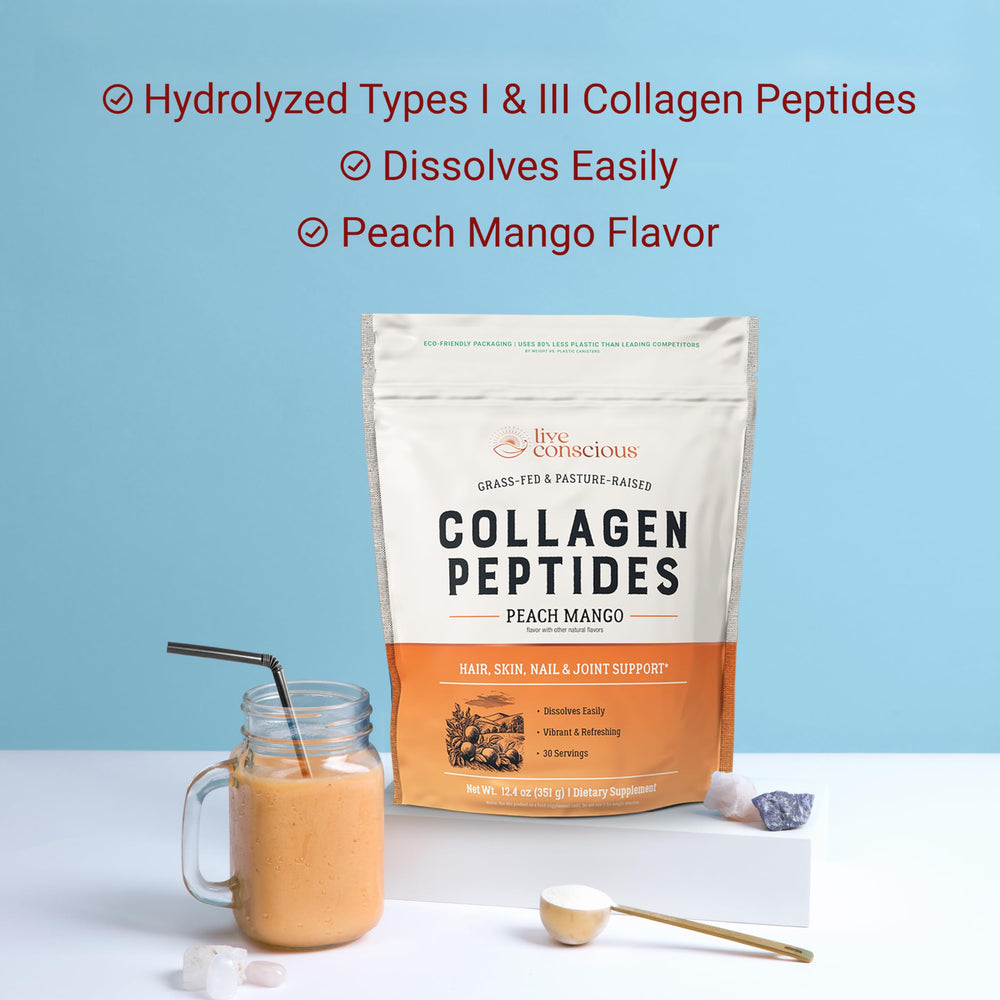 Live Conscious Collagen Peptides Peach Mango spoon scoop highlights convenient serving for daily routine.