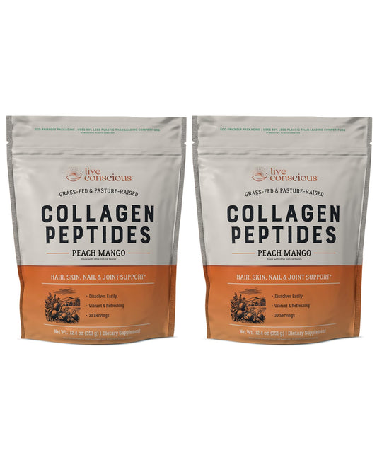 Live Conscious Collagen Peptides Peach Mango tub front supports glowing skin.