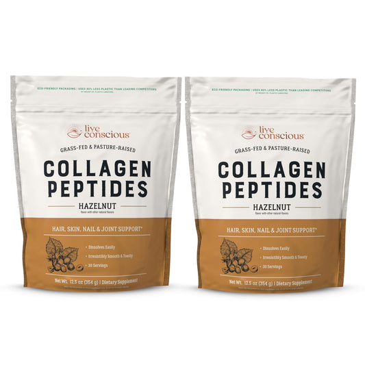 Live Conscious Collagen Hazelnut powder bottle ready to mix for skin and hair support.