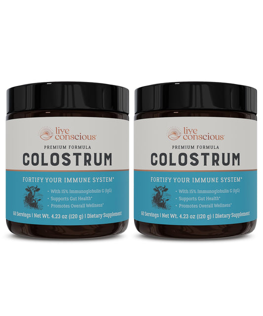 Live Conscious Colostrum powder packaging on shelf highlighting grass-fed source for daily wellness.