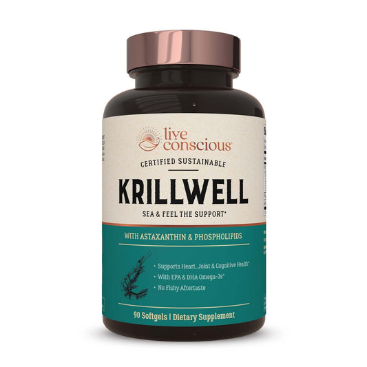 Live Conscious KrillWell bottle front view for joint and cognitive support
