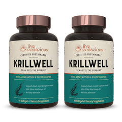 Live Conscious KrillWell bottle label showing sustainable krill oil